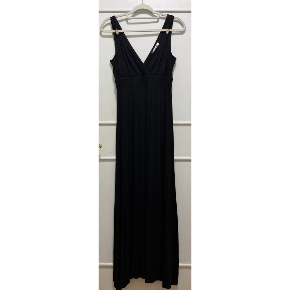 Jennifer Lopez Black Sleeveless Maxi Dress Size Petite M V Neckline Gold Accent